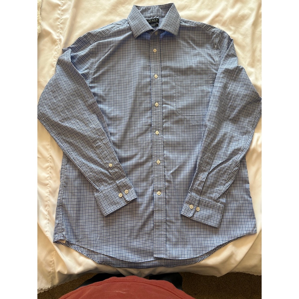 Lauren Ralph Lauren Mens Blue Plaid Stretch Regular Fit Dress Shirt 16 34/35 L